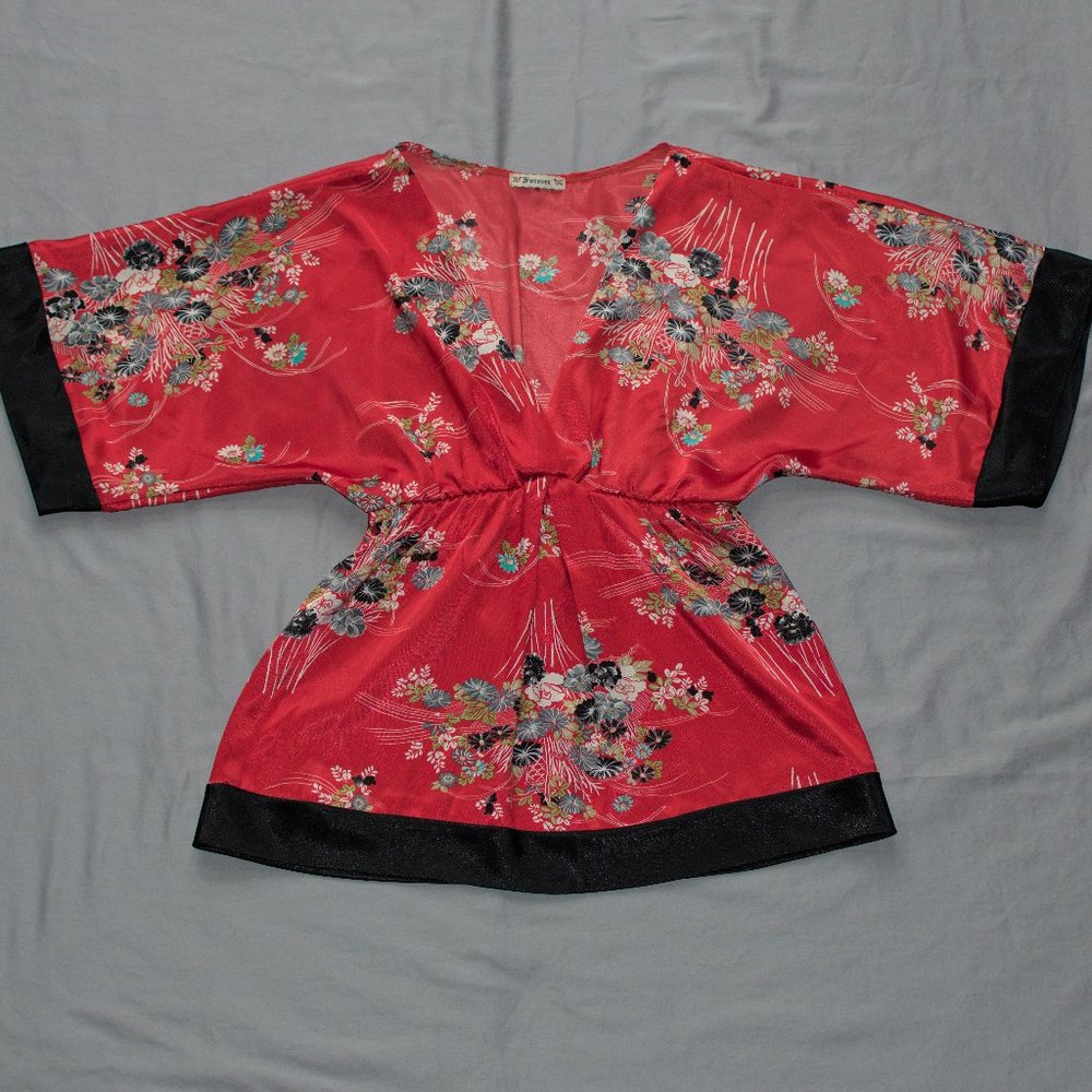 Kimono style red floral top - S